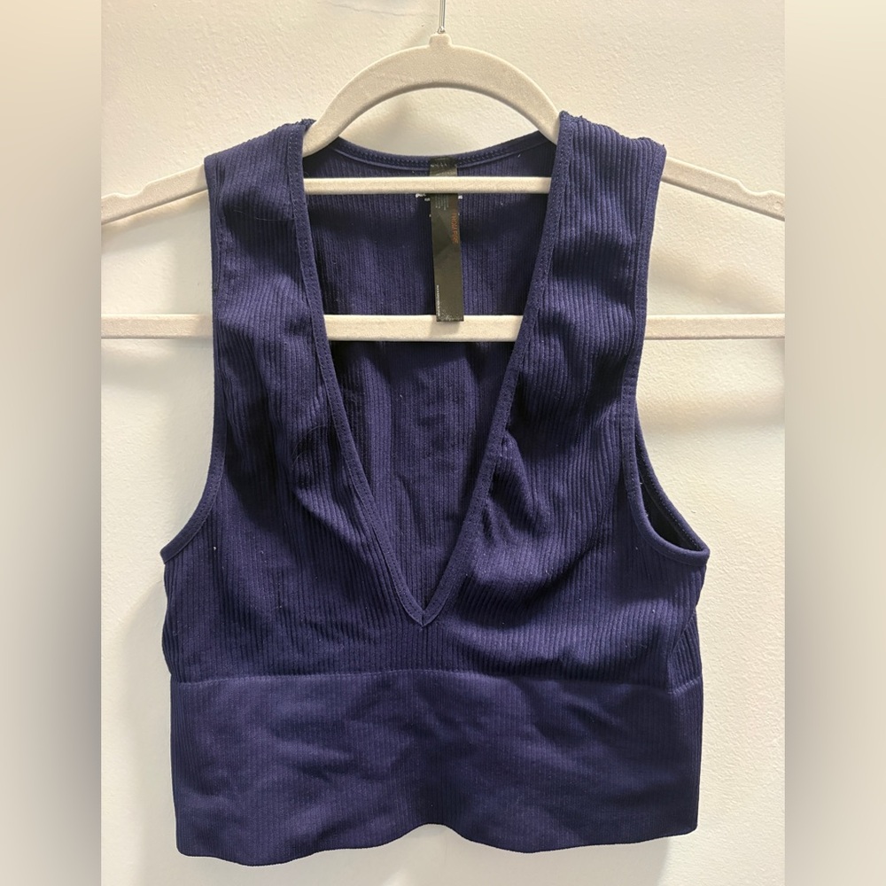 Urban Outfitters Deep V Ribbed Tank - Navy Blue